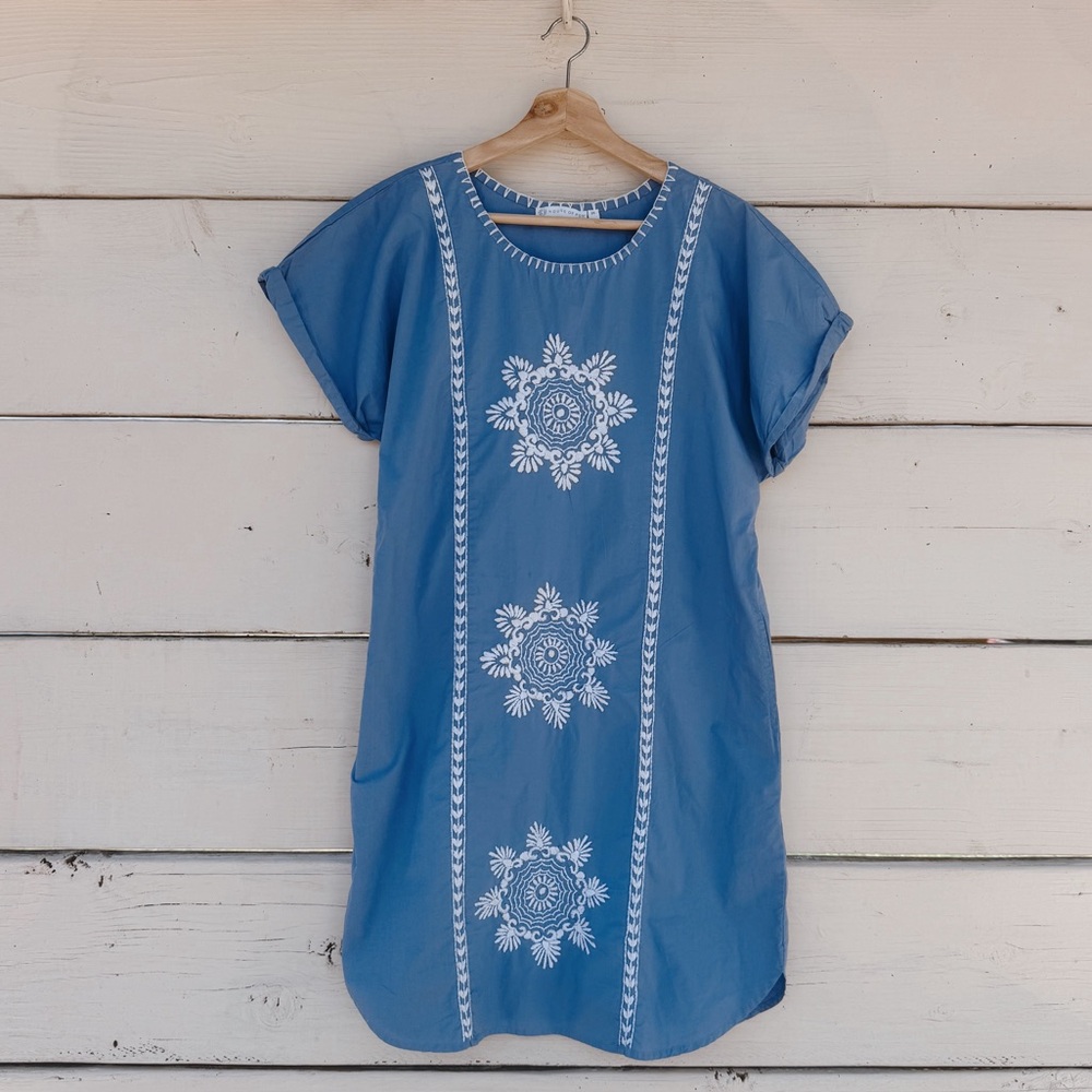 House of Pom Blue Embroidered 100% Cotton Dress